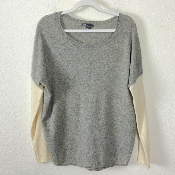 Vince Color Block Wool Cashmere Bateau Sweater Small Oversized Boxy Grey Cream - Picture 7 of 14